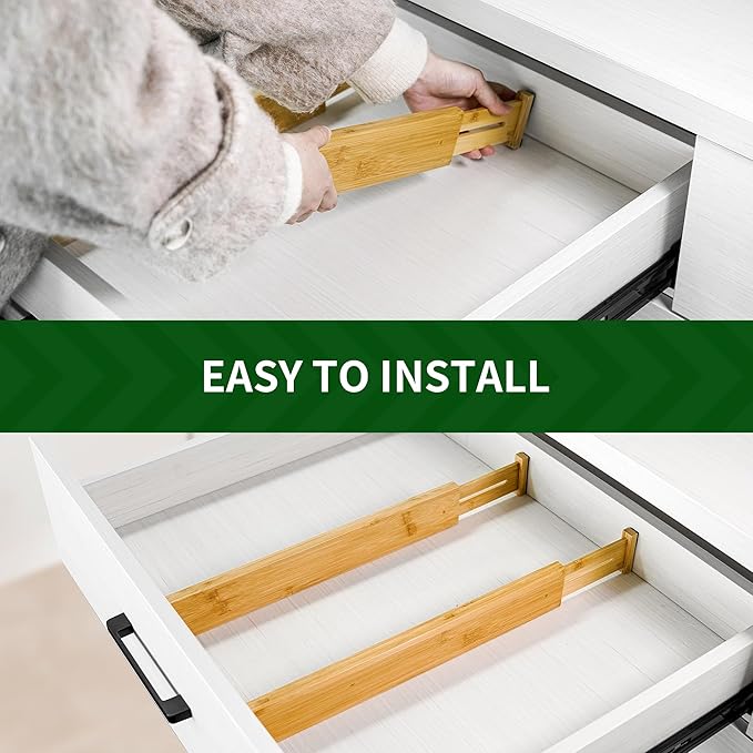 VaeFae 6-Pack Adjustable Bamboo Drawer Dividers, Expandable Drawer Organizer for Kitchen Utensils, Clothes, Bathroom, Office – Fits Drawer Interiors 16.6" to 21.8" - Image 5