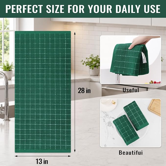 Kitinjoy 100% Cotton Terry Kitchen Towels, 13”x 28”, 6-Pack, Dark Green | Checkered Designed, Ultra Soft Absorbent Quick Drying Dish Towels - Image 4