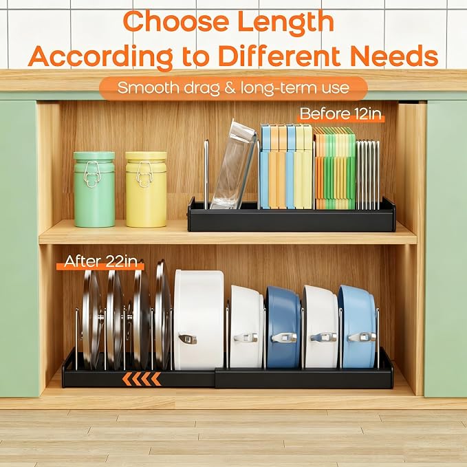 Nigelia 2 Pack Pots and Pans Organizer for Under Cabinet, 22" Expandable Food Storage Container Lid Organizers with 10 Adjustable Dividers Pot Lid Holders Rack Inside Cabinet&Kitchen Countertop(Black) - Image 5
