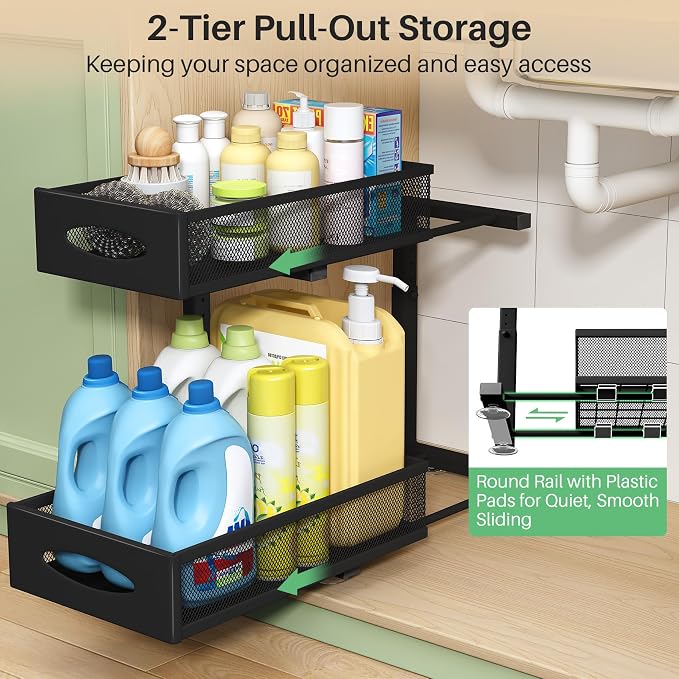 Under Sink Organizer, 2 Tier Pull out Cabinet Organizer Baskets with Mesh Sliding Drawers, Slide out Storage Shelf for Home, Kitchen, Bathroom, Pantry, Office Cabinet, Countertop(1 Pack) - Image 3