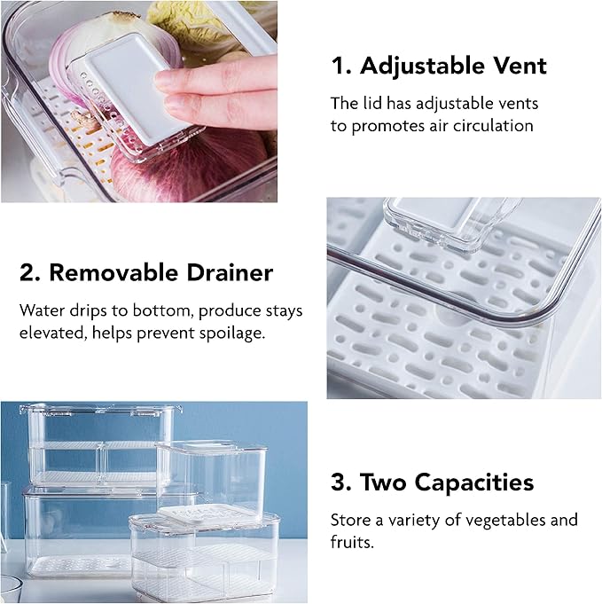 elabo Food Storage Containers Fridge Produce Saver- Stackable Refrigerator Organizer Keeper Drawers Bins Baskets with Lids and Removable Drain Tray for Veggie, Berry and Fruits - Image 4