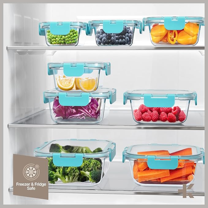 Bakken Borosilicate Glass Food Storage Containers with Lids 24 Pieces, BPA-Free Stackable Lunch & Leftover Containers, Microwave, Freezer & Dishwasher Safe, 100% Airtight Leak-Proof, Aqua - Image 10
