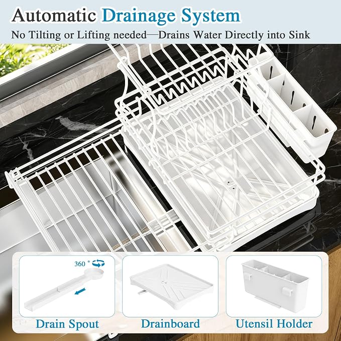 2 Tier Dish Drying Rack, Large Extendable Dish Racks for Kitchen Counter , Dishrack with Drainboard, 2-in-1 Anti-Rust Stainless Steel Dish Drainer with Utensil Holder (White, double of Dish Rack) - Image 4