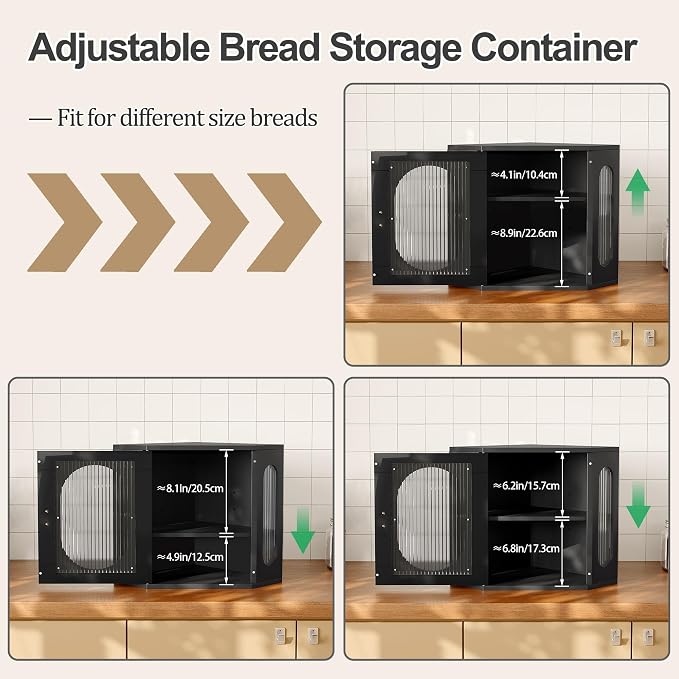 Alpeir Corner Bread Box for Kitchen Countertop, 3 Adjustable Height, Black | Solid Pine Wood, Hold 2 Loaves, Strong Acrylic Window, Easily Care, Farmhouse Pantry Container for Home Baker, Family of 4 - Image 8
