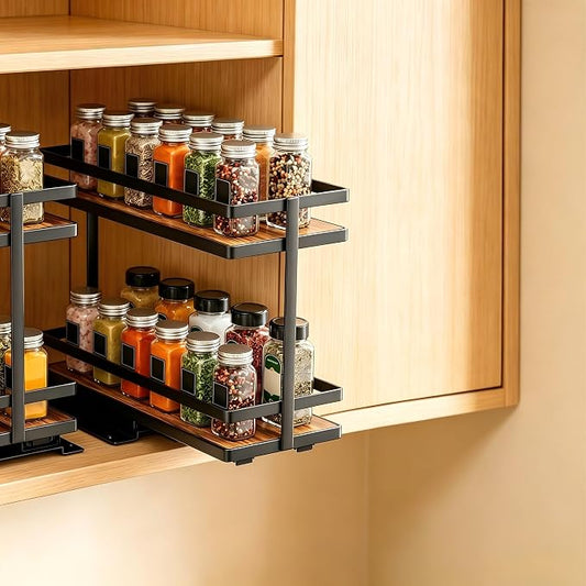 Pull Out Spice Rack 2-Tier Metal & Wood Seasoning Organizer | No-Drill Install | Full-Extension Silent Glide | Each Tier Holds 10–12 Standard Spice Bottles | Rustproof, Wipe-Clean Surface by HOFUSUSER