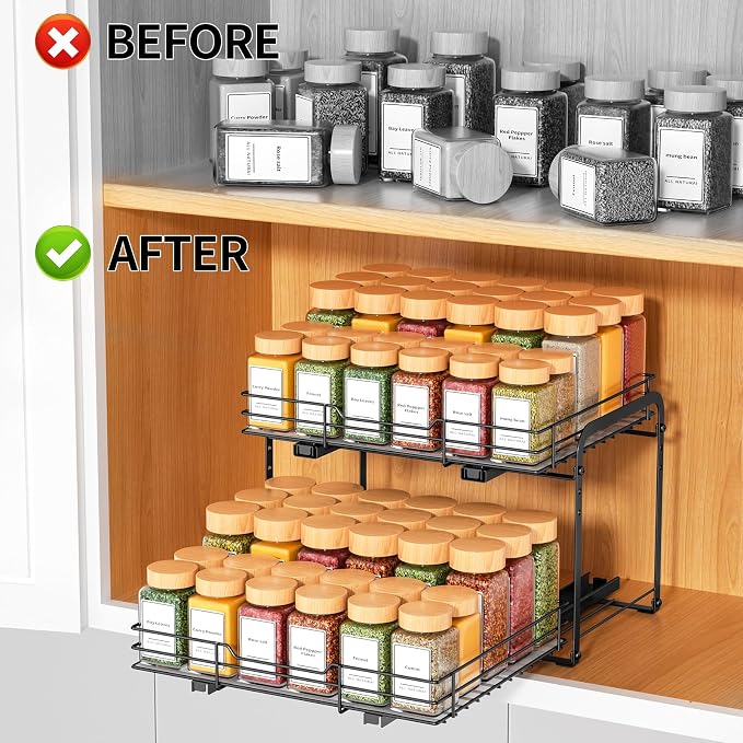 RCHYFEED 2 Tier Height Adjustable Pull Out Spice Rack,13.5" Wx10.5 Dx9.5 H | Heavy Duty Spice Organization for Cabinet Metal Slide Out Spice Rack for Cabinet & Pantry, for Seasoning,Sauces,Canned Goods - Image 2