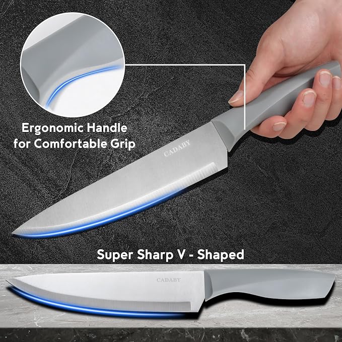 19PCS Gray Kitchen Cooking Utensils Set Kitchen Tools Set | 6 Stainless Steel Knives, 11 Silicone Utensils with 1 Cutting Board, Ideal for Apartment - Image 6