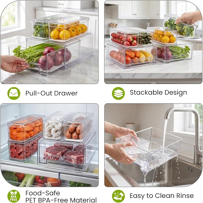 6Pack Fridge Organizers and Storage with Drain Trays,BPA-Free PET,Stackable | 2 Pull-Out Organizers & 4 Containers with Drain Trays For Fruit, Vegetable, Drink, Snack Food Storage - Image 6