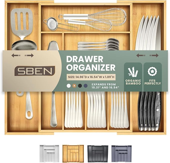 Sben Expandable Drawer Organizer for Utensils Holder, Adjustable Cutlery Tray, Wood Drawer Dividers Organizer for Silverware, Flatware, Knives for Kitchen (Bamboo, Medium) by SBEN