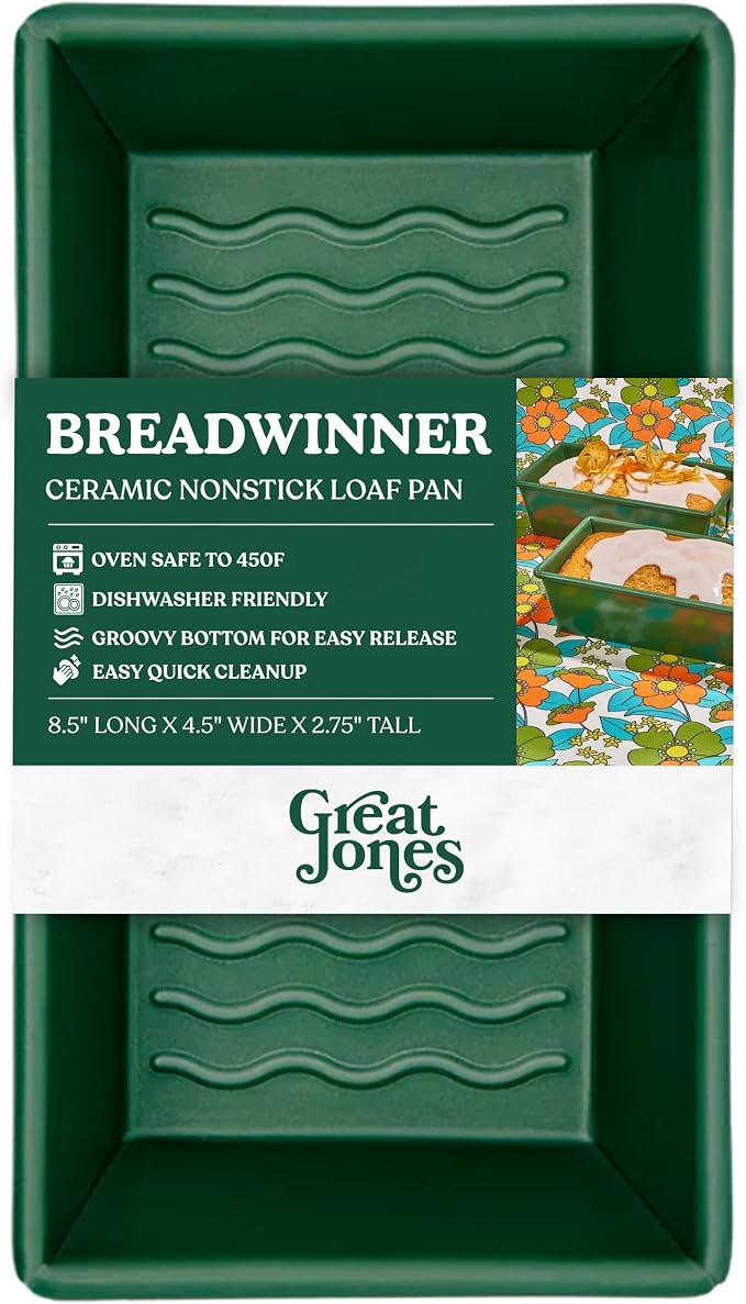 Great Jones Nonstick and Non Toxic Loaf Pan - 8.5 x 4.5 (Broccoli) | Green Heavy-Duty Aluminized Steel Bread Pan | Ridged Bottom for Easy Release, Oven-Safe 450°F, Dishwasher-Friendly by GreatJones