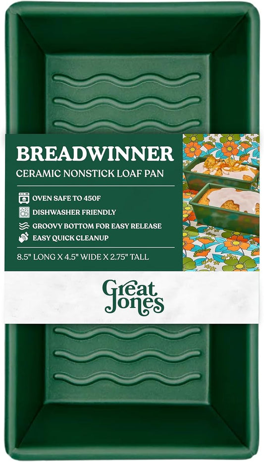 Great Jones Nonstick and Non Toxic Loaf Pan - 8.5 x 4.5 (Broccoli) | Green Heavy-Duty Aluminized Steel Bread Pan | Ridged Bottom for Easy Release, Oven-Safe 450°F, Dishwasher-Friendly by GreatJones