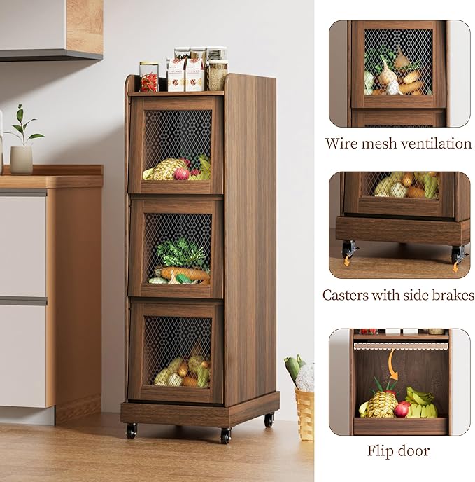 4 Tier Narrow Potato Storage Bin, Tall Wood Potato and Onion Storage Bin with Wheel, Movable Fruit and Vegetable Basket, Food Small Kitchen Pantry Cabinet, Wooden Bread Box, Walnut, Sliding Door - Image 3