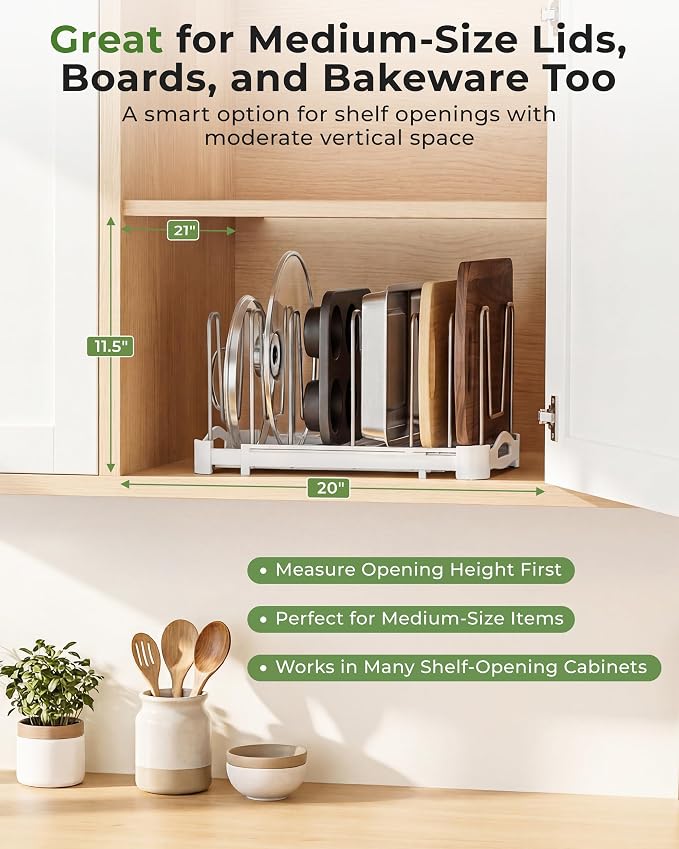 EVERIE Adjustable Cabinet Organizer for Pot Lids, Bakeware, Cookie Sheets & Cutting Boards, Upright Storage Rack for Kitchen Cabinet, Stable Dividers, 9.7" Deep, 12.6" to 21.5" Wide, GS02SS | 5mm Steel Dividers, Anti-Wobble, M-Slot for Lid Handles, BPA... - Image 6