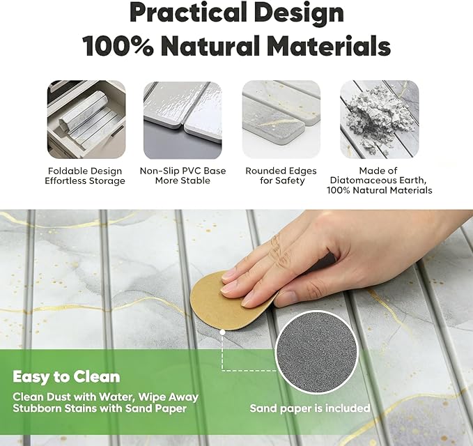Stone Drying Mat for Kitchen Counter, Quick Diatomaceous Earth Mats for Dishes, 24"L x 16" W Super Absorbent Fast-Drying Collapsible Countertop Stone Mat (Marble White Yellow, 24" x 16") - Image 3
