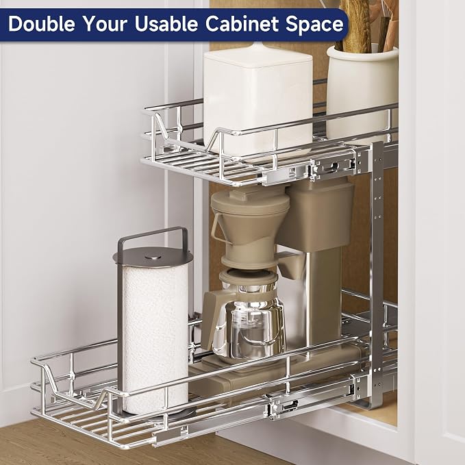 2-Tier Pull Out Cabinet Organizer, 5.5" W x 21.5" D, Heavy Duty Dual Slide Out Shelves for Narrow Base Cabinets, Chrome Wire Basket Drawer for Spices, Bottles & Snacks - Image 8