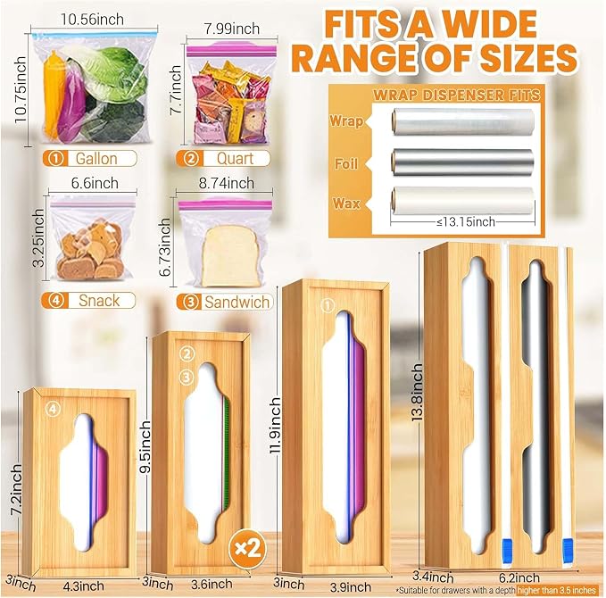 6 In 1 Bag Storage Organizer With Foil and Plastic Wrap Dispenser | Extended Aluminum Foil Holder, Bamboo Baggie Drawer for Gallon, Quart, Snack - Image 6