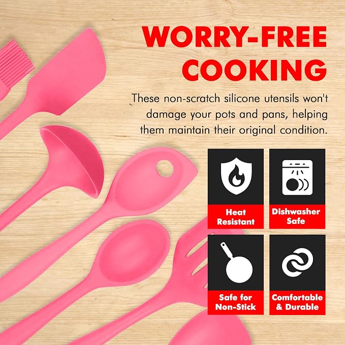 Chef Craft - Premium Silicone Kitchen Tools and Utensils Set, Non-Scratch, Withstands Temperatures up to 450°F, BPA-Free, 7 Piece Cooking Utensils Set, Pink - Image 3