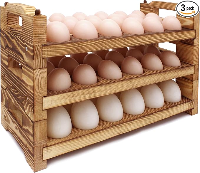 Wooden Egg Holder Countertop Fresh Egg Holders Firewood Egg Collecting Rack for Gathering Fresh eggs, Stackable with 54 eggs, Home Kitchen Organizer, Set of 3 PCS by CVHOMEDECO