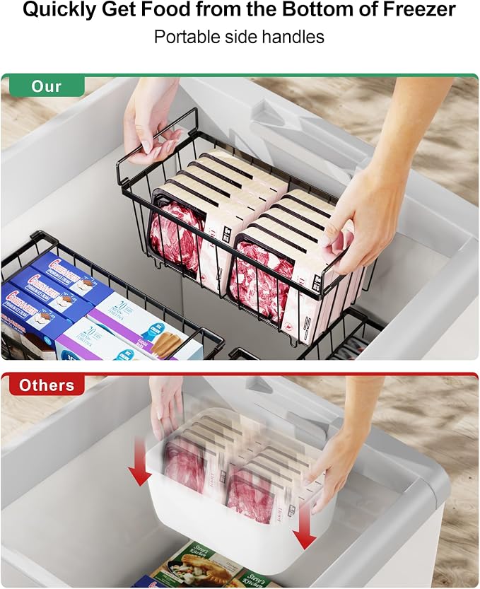 Freezer Organizer Bins - Small Storage Baskets for 7 Cu.Ft, 4 Pack | Easy Access Handles, Stackable Deep Freezer Wire Baskets, Vertical Space Sorts for Frozen Meat, Vegetable and Bagged Items - Image 4
