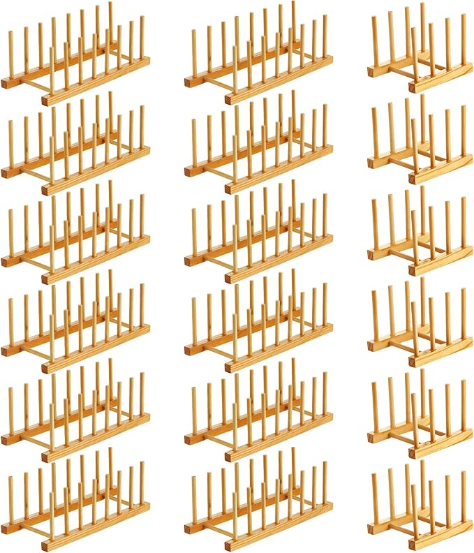 Zopeal 18 Pcs Bamboo Wooden Plate Racks Dish Rack Stand Holder 3/6/ 7 Slots Drainboard Drying Drainer Kitchen Cabinet Organizer for Dish Plate Bowl Cup Pot Lid Book by Zopeal