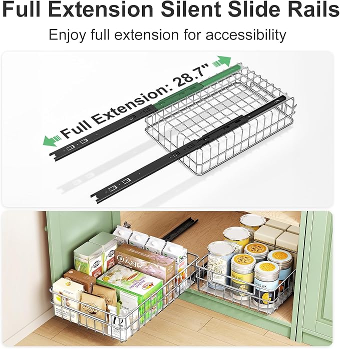 Pull out Cabinet Organizer, Stainless Steel 2-Pack (9.8"W x 16.5"D) Full-Extension Slide out Drawer, Adhesive Roll out Can Spice Storage Basket Shelf Rack for Pantry, Kitchen, Bathroom, Home Closet - Image 5