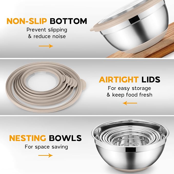 Onader Mixing Bowls with Lids Set of 6, Large Metal Nesting Mixing Bowls, Stainless Steel Non-Slip Salad Bowl Khaki – Size 0.7, 1, 1.5, 2, 2.6, 4.6QT - Image 3