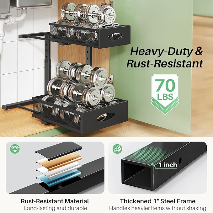 Under Sink Organizer, 2-Pack Pull Out Cabinet Organizer 2 Tier Metal Slide Out Storage Shelf Rack, L-Shaped Adjustable Height,Mesh Sliding Drawer for Kitchen, Bathroom, Laundry, Pantry, Black, XL - Image 6