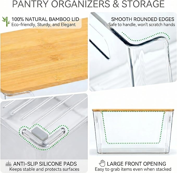 CiWiVOKi 6 Pack Clear Stackable Storage Bins with Bamboo Lids, Trash Bag Holder Dispenser Under Sink Organizer for 4-13 Gal Bags, Plastic Storage Containers for Pantry Bathroom Kitchen Organization - Image 3