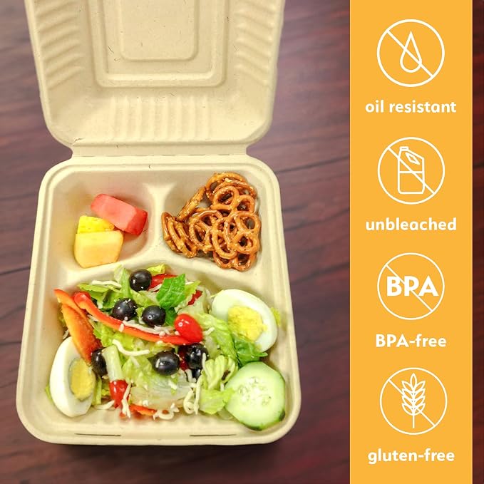 100% Compostable Disposable Food Containers with Lids [9”X9” 3-Comp 200 Pack] Eco-Friendly Take-Out TO-GO Containers, Heavy-Duty, Biodegradable, Unbleached by Earth's Natural Alternative - Image 5