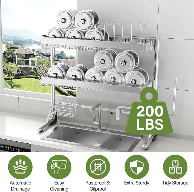 Over The Sink Dish Drainer Drying Rack 3 Tier, Full Stainless Steel Dish Drying Rack Adjustable Length 20.9''-37.4'' , Kitchen Sink Shelf, Organized Space-Saving Dish Rack with Pots and Pans Rack - Image 7