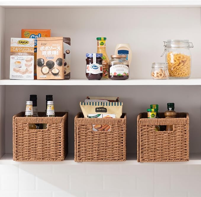 UBBCARE 2 Pack Wicker Basket, 13.4L×8.3H×7.1W inch Woven Paper Rope Storage Baskets for Shelves, Foldable Rectangular Storage Baskets with Handle, Storage Basket for Organizing, Caramel - Image 7