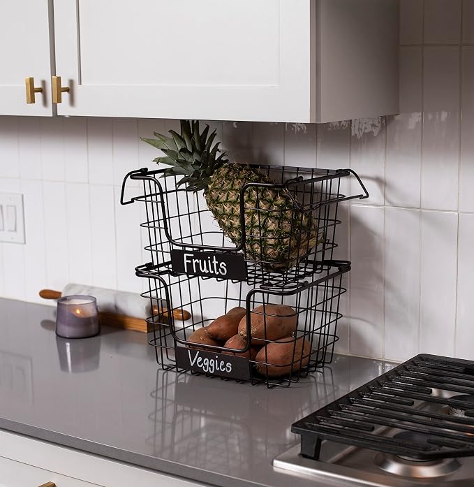 BirdRock Home Stacking Wire Market Baskets with Chalk Label | Set of 2 | Fruit Vegetable Produce Metal Storage Bin for Kitchen Counter | Black - Image 6