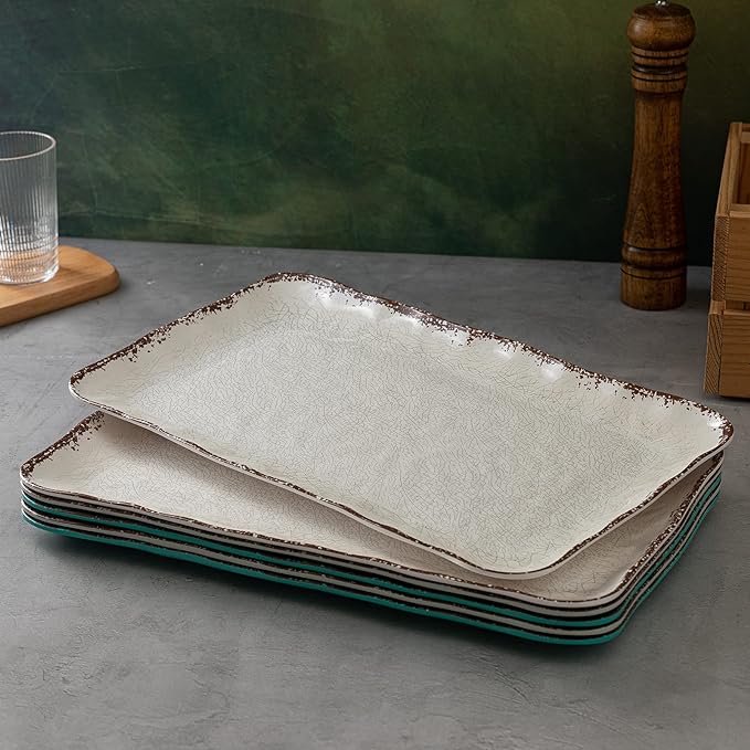 LEHAHA Farmhouse Large Serving Platters, 2 Piece Melamine Dinnerware Set, 17.5 x 10 Inches Vintage Serving Tray, Rectangle White Rustic Trays Set of 2 - Image 5