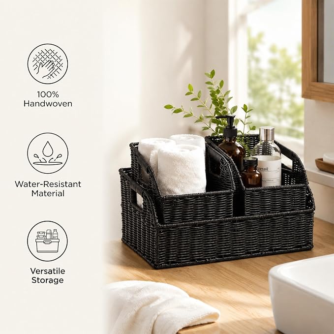 Brownlily Faux Wicker Pantry Storage Baskets, Black-Single Set (3-Piece) | Handwoven Baskets for Organizing with Built-in Handles, All-Purpose Storage Baskets with Chalkboard for Shelves,Laundry Room - Image 3