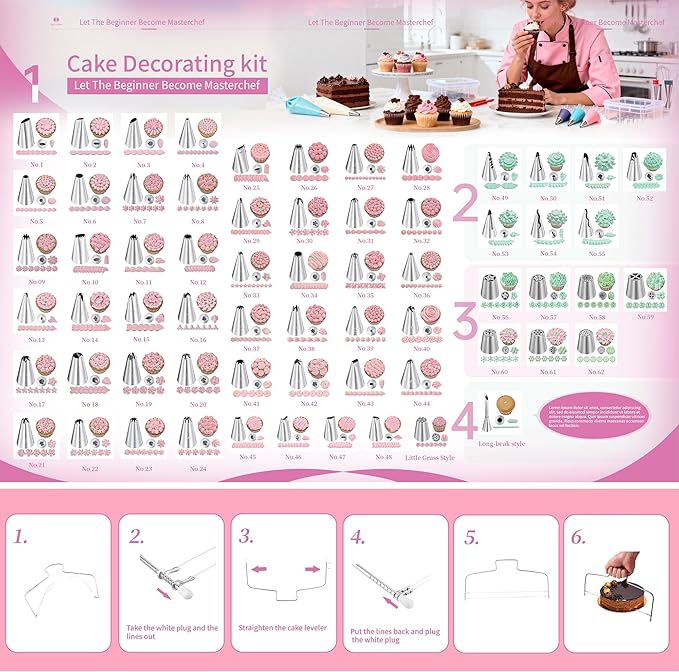 Cake Decorating Supplies Kit Set of 138pcs | 12 Inch Aluminium Cake Turntable, 64 Numbered Icing Piping Tips, 2 Spatulas, 3 Icing Comb Scraper and Leveller, Piping Bags - Image 4