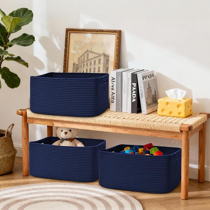 3 Pack Large Storage Basket for Organizing, 17.5"x13"x7" Woven Basket for Shelves, Closet Cube Storage Bins with Wrapped Handle, Cotton Rope Baskets for Kitchen, Clothes, Toys(Navy Blue) - Image 7