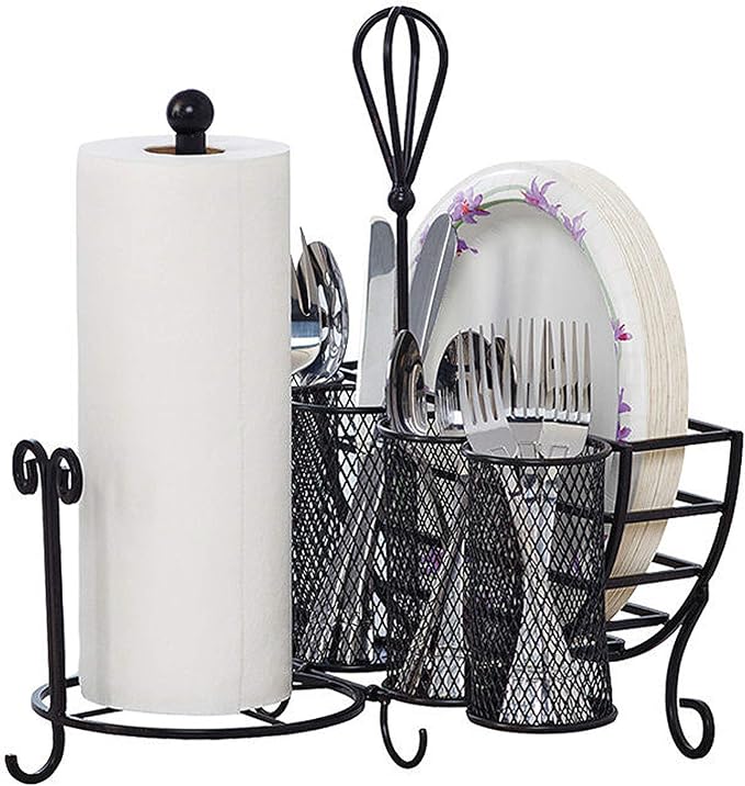 Mikasa Gourmet Basics Avilla Picnic Caddy, Antique Black Finish, Paper Plate Organizer with Flatware Canisters and Paper Towel Spindle, 15 x 14 x 13 in - Image 5