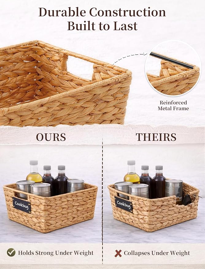 Pantry Baskets, 3 Pack Wicker Storage Baskets for Shelves, Natural | Water Hyacinth Baskets for Organizing, 3-Size Pantry Bins with Chalkboard and Marker for Shelf, Snack, Kitchen, Bathroom - Image 2