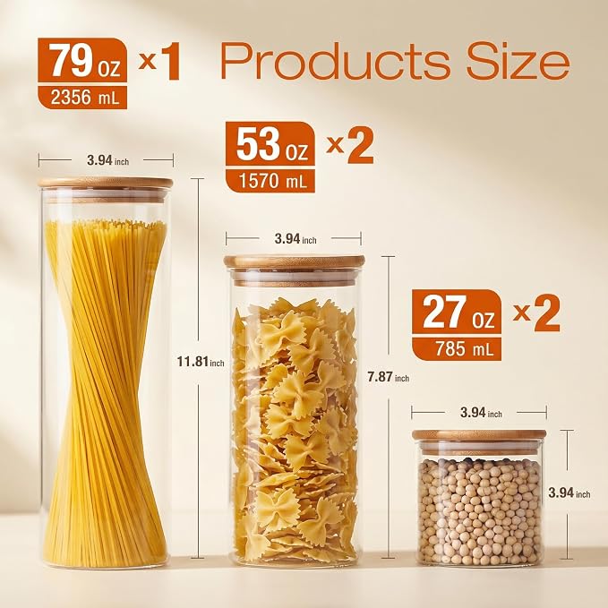 HomArtist Glass Jars with Bamboo Lids [Muti Size Set of 5], Glass Canisters with Airtight Lids, Glass Food Storage Containers for Pasta, Oats, Coffee, Flour, Sugar, Rice, Best for Kitchen & Pantry - Image 3