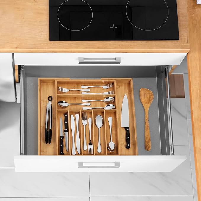 Purawood Bamboo Drawer Organizer, 2 Pack - Expandable Silverware Organizer & Utensil Organizer, Cutlery Tray with Dividers, 7-9 Slots- Premium Kitchen Organizer for Utensils & Flatware (Natural) - Image 6