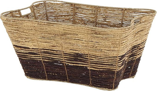 Deco 79 Seagrass Handmade Decorative and Functional Storage Basket Oversized Color Block Basket Organizer with Slot Handles, Basket for Storage 30" x 20" x 15", Brown by Deco79