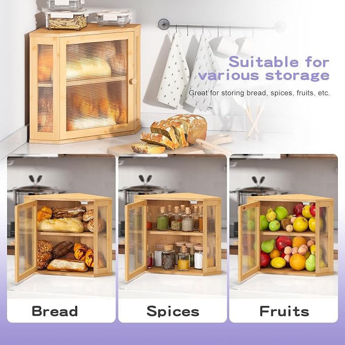 Corner Bread box for Kitchen Countertop,Farmhouse Bread Box with Acrylic Wavy Door Panel,Large Bread box for kitchen countertop,Kitchen Countertop Food Storage Container (Natural, Meduim) - Image 7