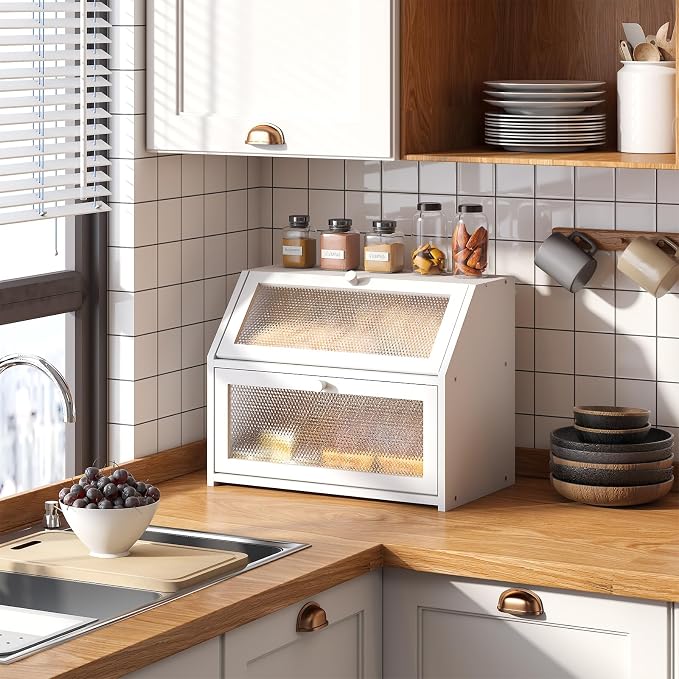STDDRE Bread Box for Kitchen Countertop Bin Double Layer Bread Box Storage Container Extra Large Capacity Farmhouse with Diamond Pattern Windows (White, Large) by LifeTakesaDifferentTurn