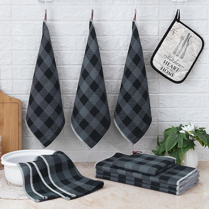 Homaxy Kitchen Towels and Dishcloths Set, 12" x 12" and 13" x 28", Set of 8 Bulk Cotton Waffle Weave Dish Towels, Super Soft Absorbent Hand Towels for Kitchen, Grey & Black - Image 6