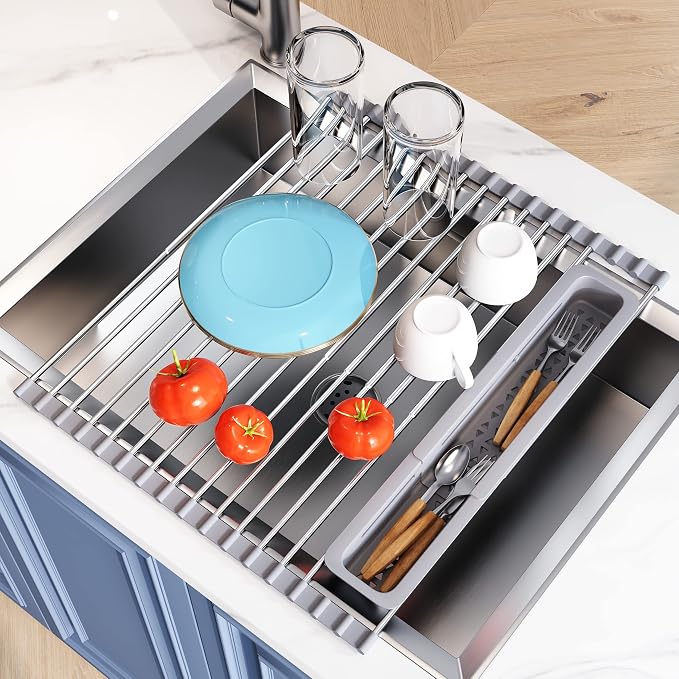 JASIWAY Roll Up Dish Drying Rack for Kitchen Sink with Utensil Holder | Foldable Expandable Stainless Steel Over Sink Dish Drainer, Silicone Wrapped, Multipurpose Portable Sink Drying Mat, Gray - Image 2