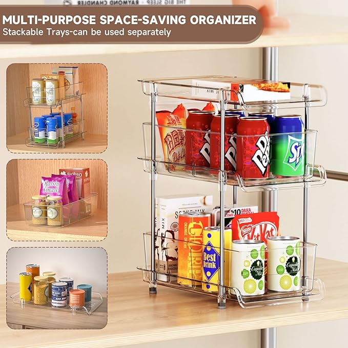 2Set 3 Tier Clear Bathroom Organizer with Dividers, Pull-Out Pantry Organization and Storage, Multi-Purpose Under Sink Organizers and Storage, Vanity Skincare Cosmetic Closet Organizer Medicine Bins - Image 4