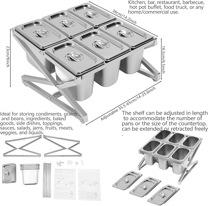 Pizza Topping Station Condiment Container Food Prep Ingredients Holder | Stainless Steel Organizer Container Set Spice Rack with 6 Pans& Lids for Kitchen Restaurants Buffes - Image 3