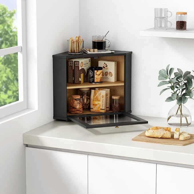 Goozii Corner Bread Box for Kitchen Countertop, Black Bread Storage Container for Homemade Bread, Two Layer Breadbox under Cabinet Mount, Large Bread Holder for Kitchen Counter, Pantry Shelf - Image 3