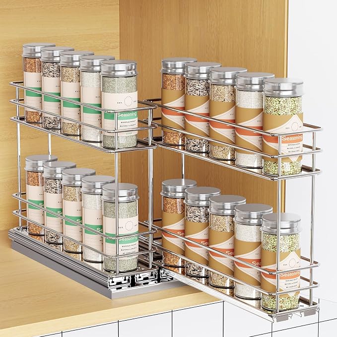 Mystozer Pull Out Spice Rack Organizer for Cabinet, Slide Out Spice Racks, Easy to Install Spice Cabinet Organizers, 5.28" Wx10.43 Dx8.26 H, 2 Drawers 2 Tiers(Silver) by Mystozer