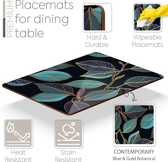 Set of 4 Heat Resistant Cork Placemats for Dining Table with Free Set of 4 Matching Drink Coasters Sage Green Marble Design 16 x 12 Inches Cork Backed Hard Placemats (Blue Gold Botanical) - Image 2